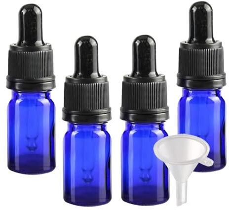 LusDoly 4 Pcs 5ml Blue Glass Dropper Bottles with Tamper-Evident Screw Cap Bottle Vials for Essential Oil Aromatherapy Fragrance Blends