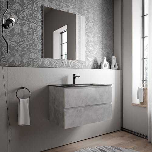 BERNSTEIN Badmöbel-Set AVA 80cm bestehend aus Mineralguss-Waschbecken mit Unterschrank in Beton, Waschtisch Bruxelles - Schwarz matt mit Hahnloch, Ideal für mittelgroße Bäder und Badezimmer