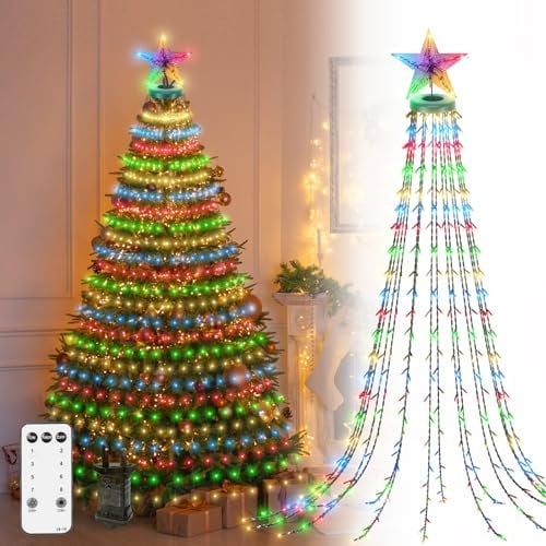 CORST Christmas Tree Lights with Star Topper,2.5M 400LED Outdoor Indoor Christmas Fairy Lights for Tree,Curtain Tree Lights with Remote Timer Waterproof for Xmas Indoor Decor(RGB)