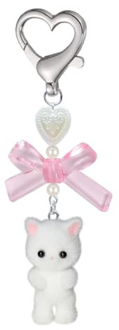 WeddHuis Porte-clés chat mignon, décoration chaton duveteux, cadeaux pour amoureux des chats, petite amie, ornement Y2K noeud de cœur, femmes et filles (blanc)