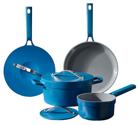 Ceramic Nonstick Cookware Set, Non stick Soup Pots Frying pan & Sauce Pans, Non-Toxic PFAS-Free & PFOA-Free,Stay-Cool Handles, Induction Compatible, Dishwasher Safe to 500°F, (navy blue)