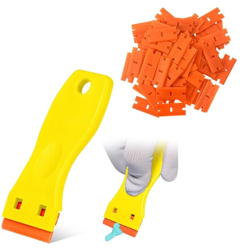 Plastic Razor Blade Scraper - Include 10 PCS Scraper Tool and 100PCS Blades for Gasket Remover,Labels Decal and Adhesive Remover for Windows and Glass (Yellow)
