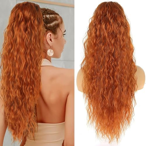 PORSMEER Ingwer Rot Pferdeschwanz Haarteil Lang 75 cm mit Kordelzug Wellig Locken Ponytail Extension Orange Rot Natürliches Clip in Haarteil Haarzopf für Damen Afro Zopf Haarverlängerunge (Ingwer Rot)