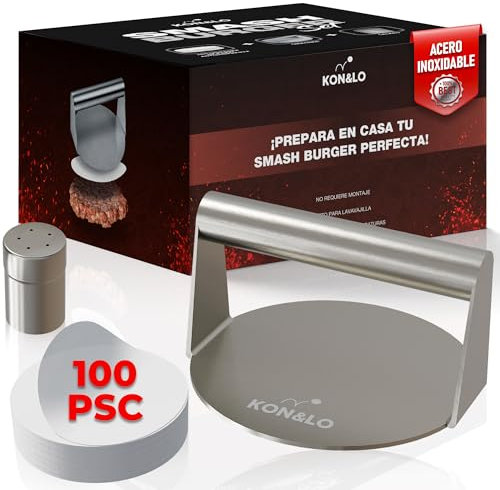 Smash Burger Kit | Aplastador de hamburguesas | Set incluye especiero y 100 papeles antiadherentes | Molde de acero inoxidable para preparar hamburguesas profesionales.