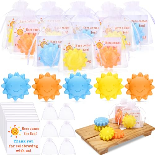 Leelosp 50 Set Here Comes the Son Seife, Babyparty-Gastgeschenke, Mini-Sonnenblume, handgefertigte Seife, Geschenke mit Karte und weißem Beutel für Brautparty, Babyparty, Dekorationen