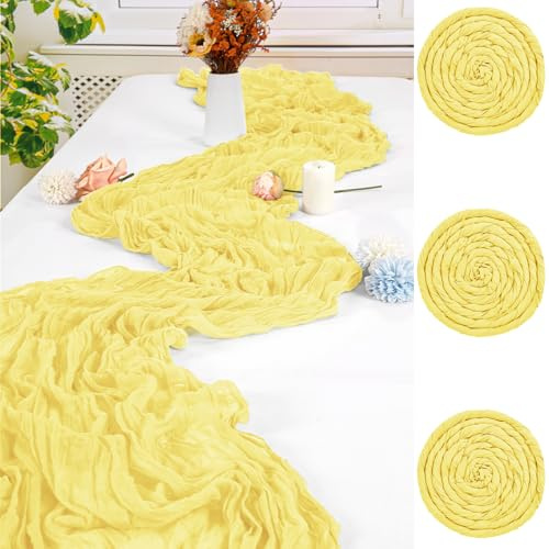 FXKS 3 Stück Babygelb Cheesecloth Tischläufer,90 x 300 cm | Polyester Gaze Stoff Boho Tischläufer Käsetuch Hochzeit Tischdecke für Hochzeit Brautparty Bankett Dekoration