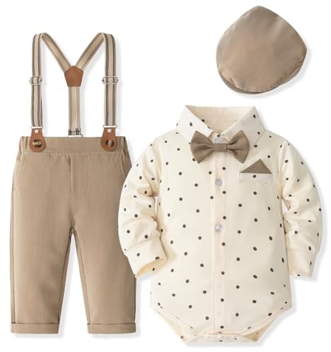 Fohuanky Baby Boy Formales Outfit Gentlemen Kleidung Set Strampler Hemd mit Fliege Hosenträger Hose & Hut für Hochzeit Geburtstag Party