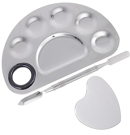 LOLIPPYY Makeup Nail Art Palettes Set 3pcs Small Stainless Steel Anti-rust Manicure Mixing Plates with Heart-shaped Ring and Mixing Stick for Professional Nail Art