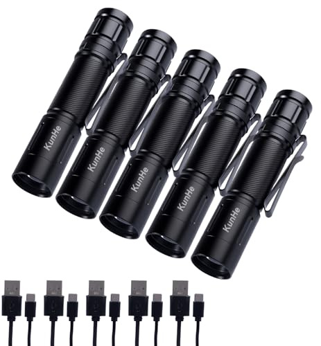 KunHe 5er-Pack LED Taschenlampe Aufladbar, Kleine Taschenlampe mit Gürtelclip, 180 Lumen Aluminium IPX4 Mini Flashlight Set für Arbeit Alltag Camping Reparatur