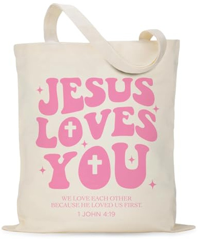 Yoljun Christliche Stoffbeutel Bedruckt, 40×35cm Jutebeutel Bedruckt mit Jesus Loves You, Wiederverwendbar Aesthetic Canvas Tote Bag, Christliche Geschenke für Frauen