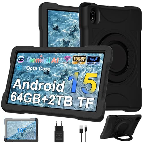 Tablette 10 Pouces avec 30Go RAM+TF 2To,Octa-Core 2.0 GHz/GMS, Gemini AI/Widevine L1/Éducative,5G WiFi/Bluetooth 5.0,5MP+8MP/FHD IPS,Newest Tablette Android 15 avec EVA Cas+360° Rotatif Support-Noir