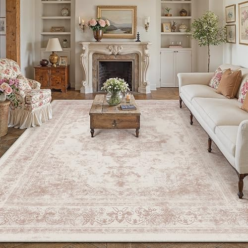 HUGEAR Rosa Vintage Teppich Wohnzimmer 240x300cm Waschbar | Waschbarer Retro Teppich,Weich,Rutschfest Kurzflor,Groß,für Wohnzimmer,Schlafzimmer, Esszimmer,Büro,Carpet,Teppiche