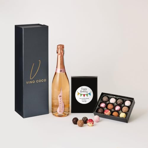Vino Coco Personalised Happy Birthday Pink Bottega Prosecco Gift Set | Rosé Bottega Prosecco Gift Set with 12 Luxury Chocolate Truffles - 11% ABV