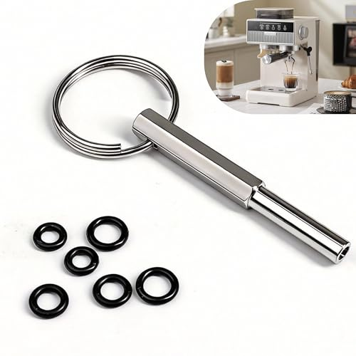 Llave de Cabeza Ovalada en Acero Inoxidable — Herramienta de Reparación para Máquinas de Café con 6 Anillas de Goma y Llavero, Compatible con Nespresso, Jura, Krups y AEG