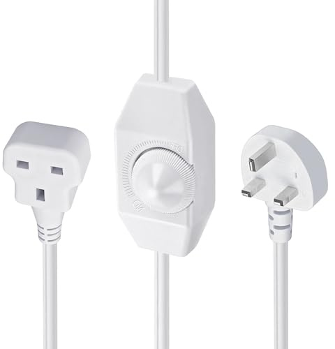 White Extension Cord with Rotary Dimmer Switch, 1.5M (150cm) Lamp Dimmer, UK 3-Pin Plug for 250V 100W Dimmable LED/Halogen/Incandescent Lights
