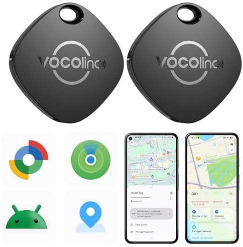 VOCOlinc Smart Tag Finder Pack de 2, Localizador Bluetooth SmartTag Tracker Soporte Android Google Localizador o iOS Apple Buscar App, Rastreador para Llaves Equipaje Cartera Bicicleta Mochila Bolso