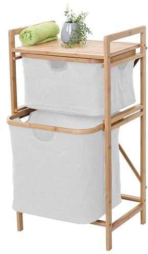 Wäschesammler HWC-B56, Regal Wäschesortierer Wäschekorb Badregal Aufbewahrung, Bambus 84x44x34cm 72l - creme-weiß