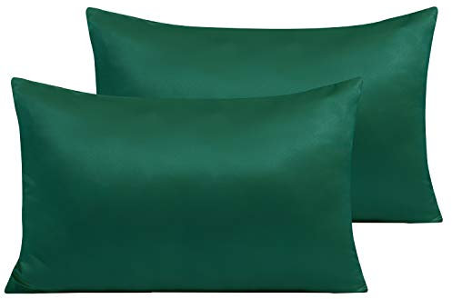 NTBAY 2 Pack Zippered Satin Pillow Cases for Hair and Skin, Luxury Standard Hidden Zipper Pillowcases Set of 2, 50x75 cm, Dark Green