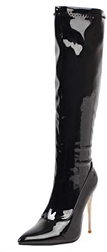 LUXMAX Stivali Alti Fino al Ginocchio Donna Tacco a Spillo Alto di Vernice a Punta Scarpe con Cerniera (Nero) - 40 EU