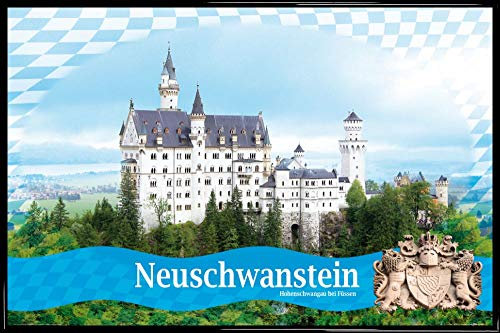 1art1 Schloß Neuschwanstein Poster Plakat | Bild und Kunststoff-Rahmen - Königliches Wappen Und Bayerische Fahne (91 x 61cm)