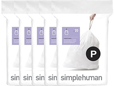 simplehuman Code P Müllbeutel mit Kordelzug in Spenderpackungen, 20 Stück (5 Stück), 50–60 Liter, Weiß