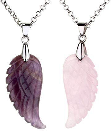 JSDDE Schmuck, 2 Stück Flügel Anhänger Halskette Set Anhänger aus Edelstein Heilstein Glücksbringer Paare Pärchen Kette für Liebhaber Geschenk (Rosenquarz+Amethyst)