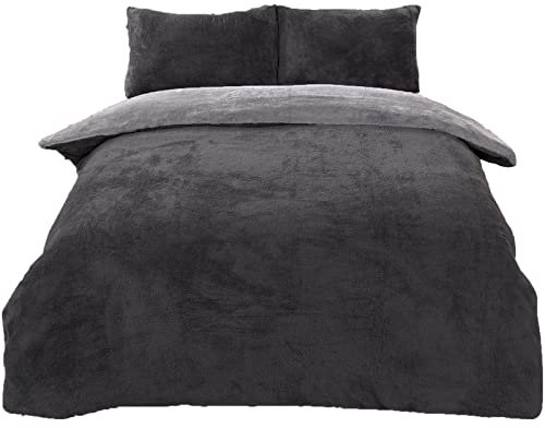 Brentfords Reversible Teddy Fleece Duvet Cover with Pillow Case Supersoft Fluffy Thermal Warm Soft Bear Bedding Set, Charcoal Silver Grey - Single