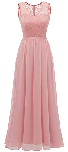 DRESSTELLS Damen Ballkleid Maxi Lang Abendkleider Chiffon Spitzen Brautjungfernkleider Bodenlang Cocktailkleid Konfirmationskleid Blush L