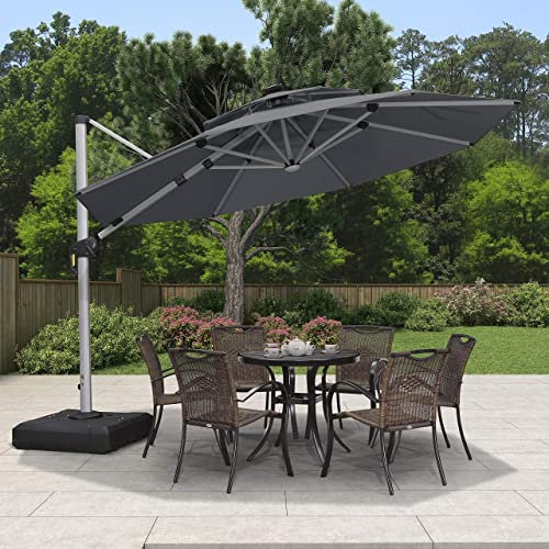 PURPLE LEAF 3.3 M Garden Cantilever Parasol with Led Solar Lights Bar, Large Round Overhanging Patio Umbrella with Crank Handle Garden Umbrella,Gray