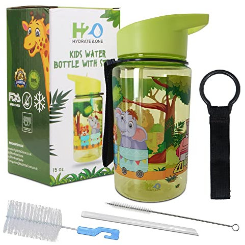 HYDRATE 2.ONE Kids Water Bottles for Boys and Girls with Cleaner Brushes, 400 ml Animal Water Bottle 100% Leak Proof | BPA Free | Flip Nozzle Water Bottles with Straw for Hot and Cold Drinks