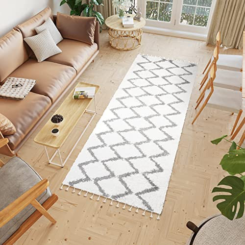 TAPISO Boho Teppich Läufer Kurzflor Shaggy Creme Grau Zig Zag Fransen Ethno Schlafzimmer Wohnzimmer Design Modern 100 x 150 cm