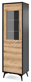 Buffet haut Vitrine de Salon sur Pieds en metal avec Porte Armoire à vitrine Commode Meuble de Rangement Dressoir Push To Open Noir aspect bois Chevron Chêne Evoke - 53,5x178,1x39 cm - ONYKS W54