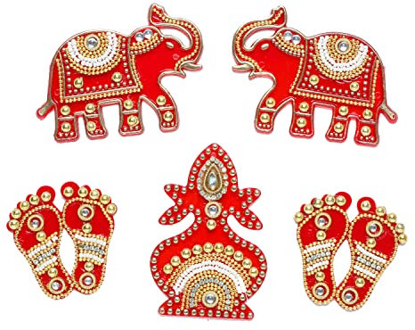 Red Laxmi Charan Paduka Feet Pagla with Kalash and Elephant Acrylic Rangoli Floor Decorations Item for Indian Puja Festival New Year Decorations Entrance Door Home Temple Decor Gift Gifts