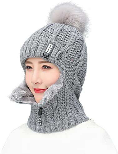 Surakey Winter Mütze Schal Set Damen Schlupfmütze Warm Wintermütze Schalmütze Mütze Damen Winter Strickmütze mit Bommel Fleecefutter Warme Beanie Mütze für Outdoor Wintersport