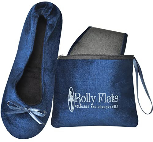 Women's Portable Foldable Ballet Flats Shoes Pumps Roll Up Slippers with Travel Pouch Bag, Royal blue velvet, XL