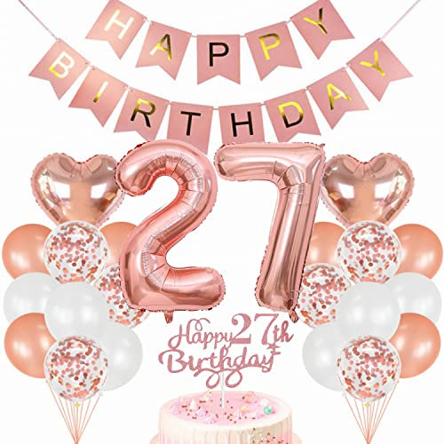 Conruich Geburtstagsdeko 27 Jahre Frau, Luftballon 27. Geburtstag Deko Set, Rosegold Tortendeko Geburtstag 27 Jahre Frauen, Ballon 27 Geburtstag Frau, Happy Birthday Banner Deko 27 Geburtstag Frau