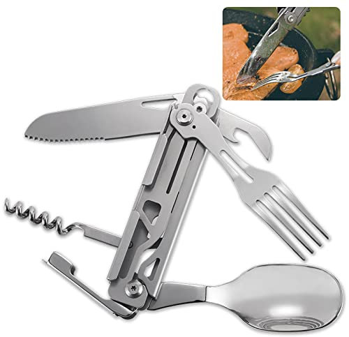 Ruikdly Campingbesteck Klappbar,6 in 1 Edelstahl Outdoor Besteck Multifunktions Tragbares Besteck Abnehmbar Messer Gabel Löffel Flaschenöffner Besteckset für Reisen, Camping und Outdoor