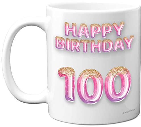Stuff4 Tazza da caffè in ceramica lavabile in lavastoviglie, adatta per 100° compleanno da donna, con palloncini glitterati, colore rosa e viola