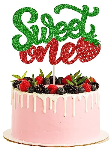 1 Pack Sweet One Cupcake Topper Glitter First Birthday Strawberry Cake Pick for Fruit Baby Shower 1st Birthday Berry Sweet Party Cake Decorations Supplies Green