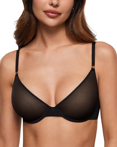 INLYRIC Women's Cosnufy Sheer Balconette Bra Demi Unlined Plunge Mesh See Through Sexy Bras Underwire Black 36C