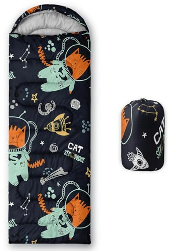 HOSIMA Kinder-Schlafsack für Jungen und Mädchen, Katzen-Astronauten-Raketendruck, leicht, warm, tragbar, für drinnen und draußen, wasserdicht, kältebeständig, Schlafsack für Camping, Wandern