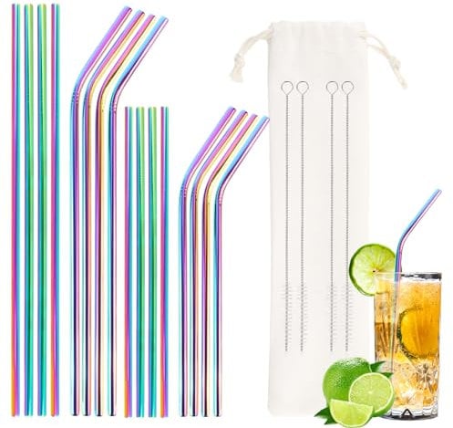 16 Stück Edelstahl Strohhalme, Bubble Tea Strohhalme, Bunte Dünne Trinkröhrchen, wiederverwendbare und waschbare Strohhalme, Metall Trinkhalme mit 4 Reinigungsbürste und 1Tasche für Cocktail,Smoothie