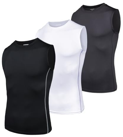 AMZSPORT Men's 3 Pack Compression Tank Top Sleeveless Functional Shirts Baselayer Undershirt Black White Grey L