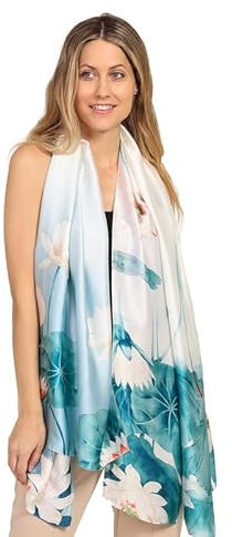 Trillion London® Seidenschal für Damen | Leichte Damenschals | Schals | Kopftuch | Geschenke für Damen | Designerdrucke | Alltagskleidung | Geschmeidig und weich | Blumendruck | Aquablau