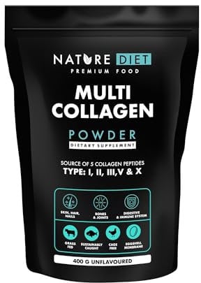 Nature Diet Multi Collagène en poudre sans saveur 400G, Peptides de collagène hydrolysés hautement biodisponibles de Type : I, II, III, V et X, contiens collagen marin