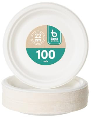BEST PRODUCTS 100 Platos Caña de Azúcar Desechables Ecológicos Biodegradables Compostables y Reciclables Para Fiestas Cumpleaños Comuniones Redondos Llanos Ø 22 cm