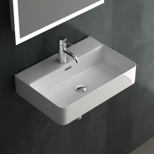 Alpenberger Waschbecken 60 cm Breit - Weiß | Waschtisch als Hängewaschbecken oder Aufsatzwaschtisch | Aufsatzwaschbecken Eckig mit Nano | Moderne Waschplätze | Handwaschbecken fürs Bad & Gäste WC