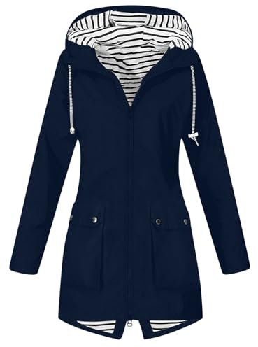 KOG Übergangsjacke Damen Regenjacke Wasserdicht Regenmantel Windbreaker mit Kapuze Fahrradjacke Regencape Regenjacken Windjacke Wanderjacke Outdoor Jacken Angebote Dunkelblau XL