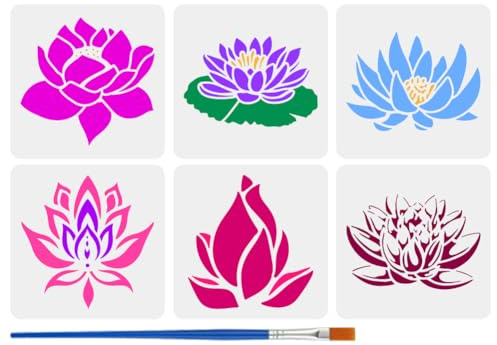 FINGERINSPIRE 6 Lotusblumen Schablone Mit Pinsel 6 Stile Seerosen Schablone 15x15cm Lotusblütenknospen Malschablone Pflanzenmotiv Blumen Zeichenschablone Für Wandfliesen Möbel