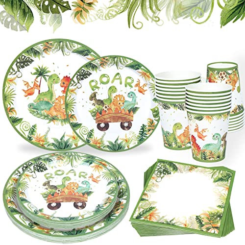 Dinosaur Paper Plates Cups and Napkins Set - 96pcs Dinosaurs Theme Kids Birthday Party Tableware Set Including Paper Plates, Napkins, Disposable Cups, Jungle Tableware for Roar Baby Shower(24 Guests)